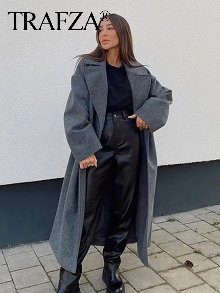 TRAFZA Solid Lapel Double Breasted Coat