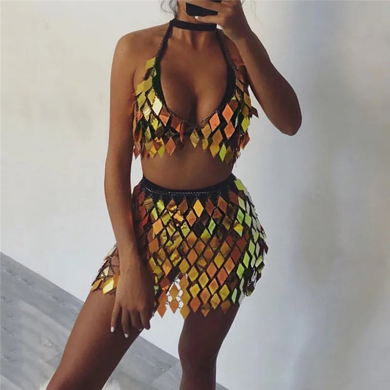 Festival Queen Sequined Crop Top and Mini Skirt