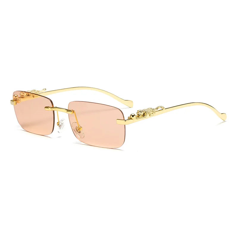 Rimless Rectangle Vintage Metal Leopard Head Sunglasses