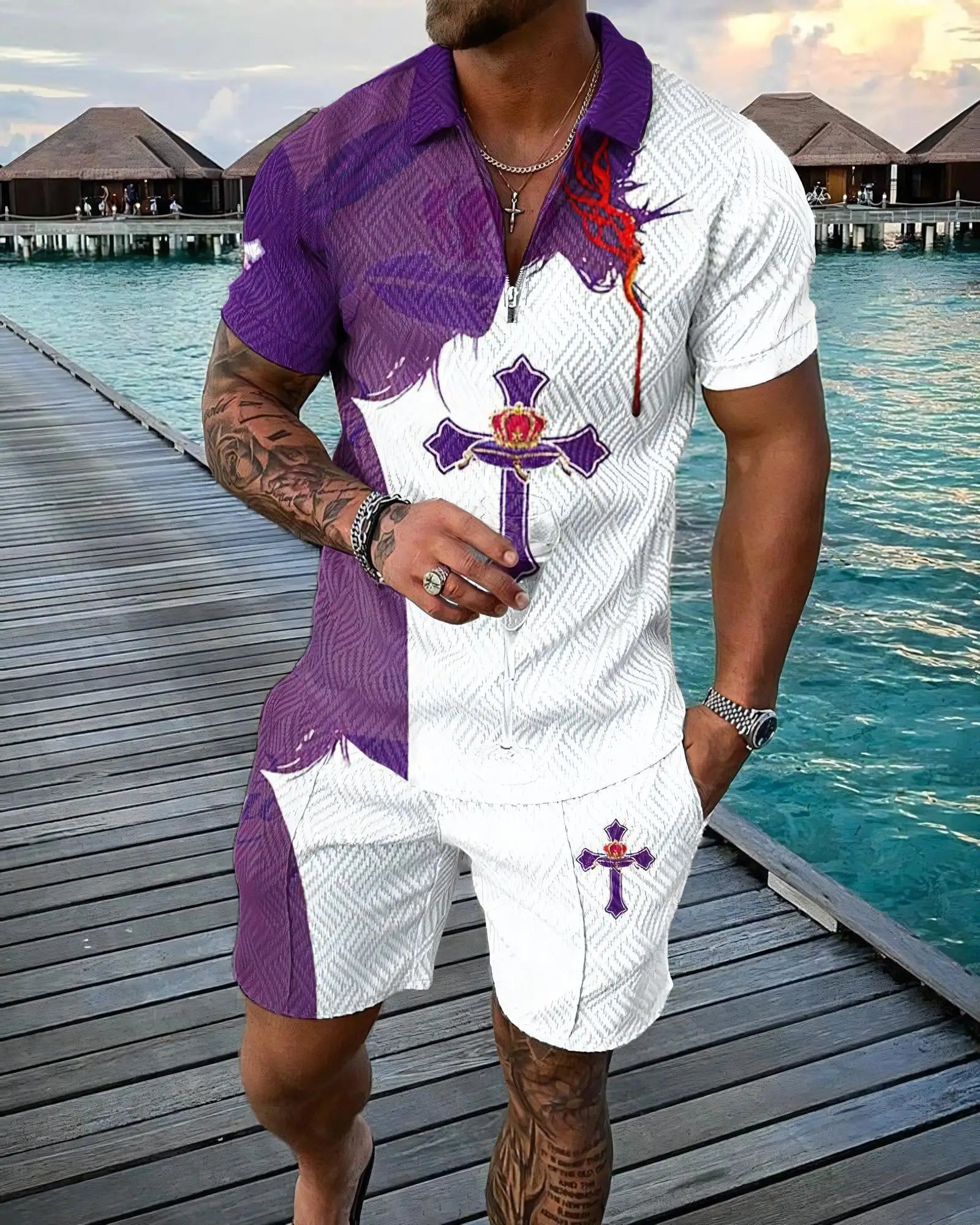 3D Digital Printed  Polo Shirt & Shorts Suits