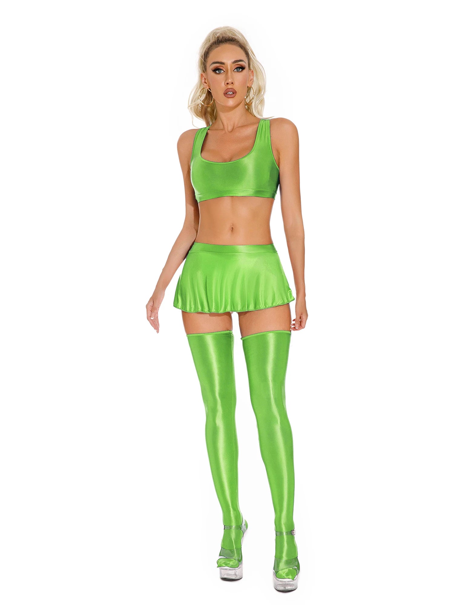 Glossy Rave Party Outfit Mini Skirt  & Crop Top