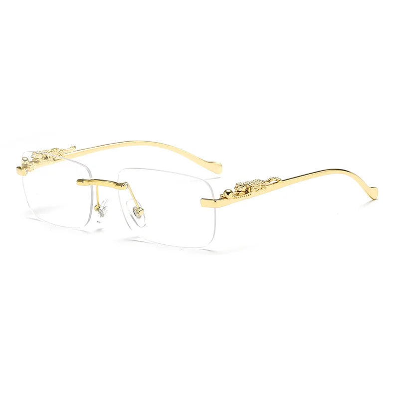 Rimless Rectangle Vintage Metal Leopard Head Sunglasses