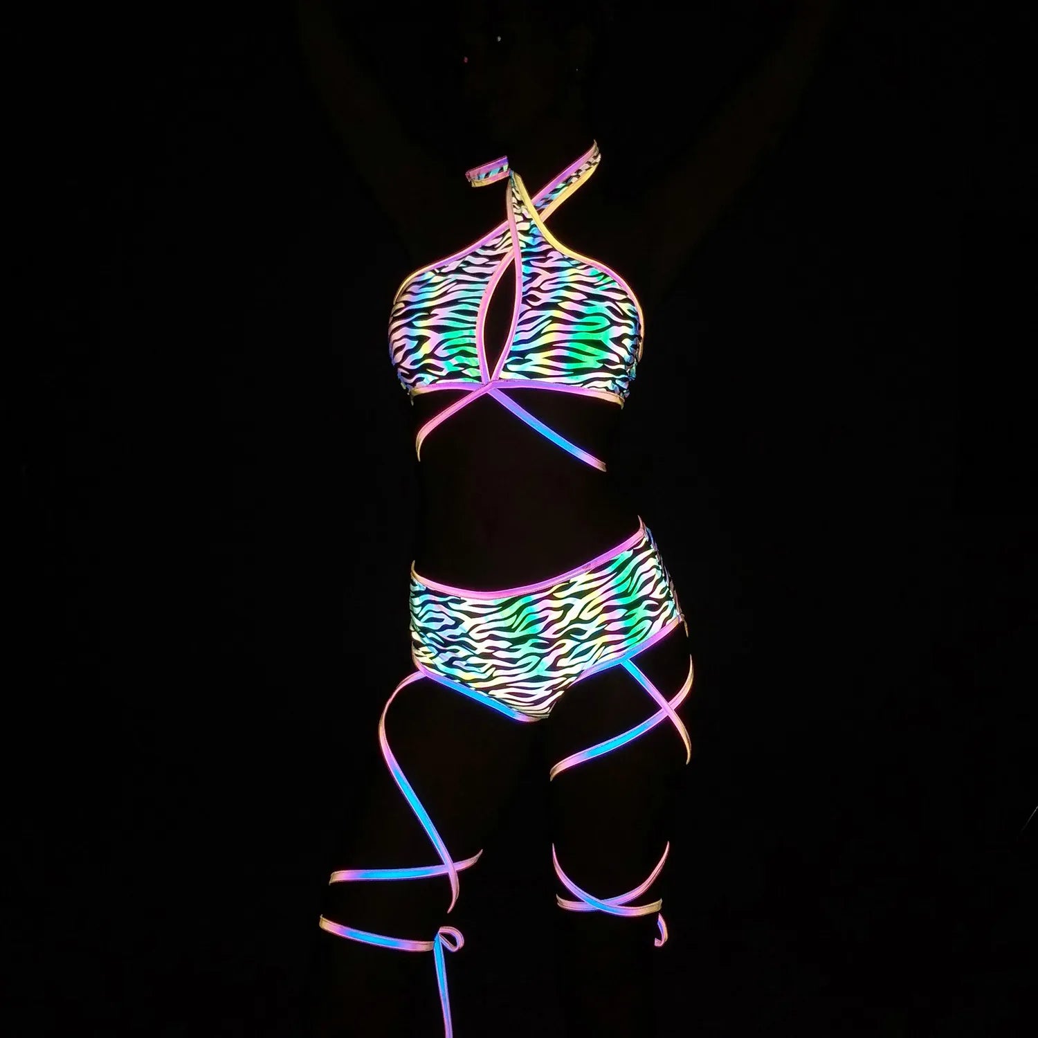 Harajuku Reflective Set Bandage Shorts+Bra+Crop