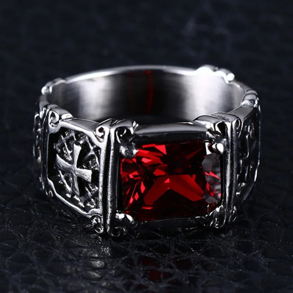 Compact Red Gemstone Cross Pattern Ring