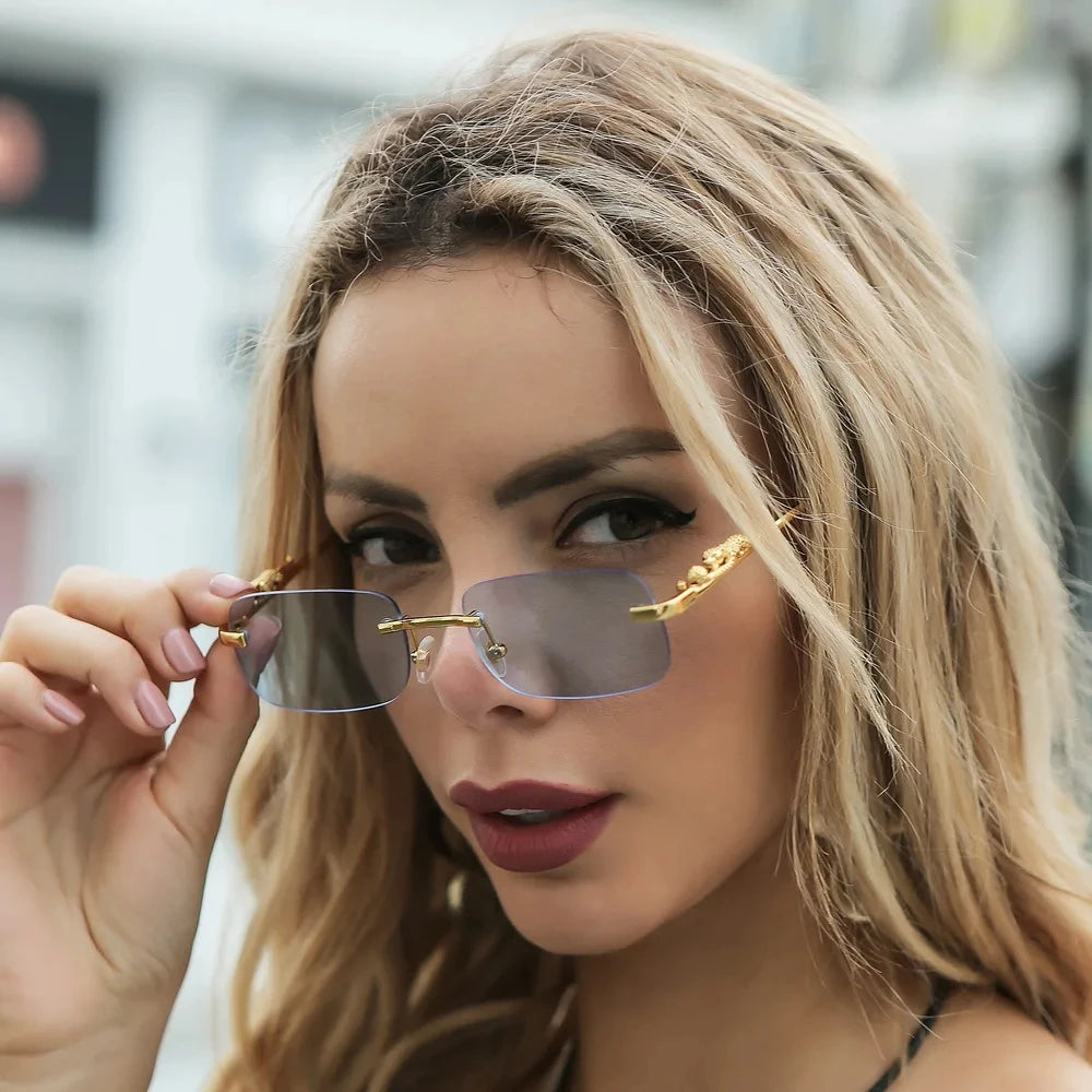 Rimless Rectangle Vintage Metal Leopard Head Sunglasses