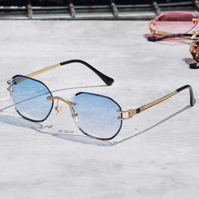 Rimless Rectangle Vintage Metal Leopard Head Sunglasses