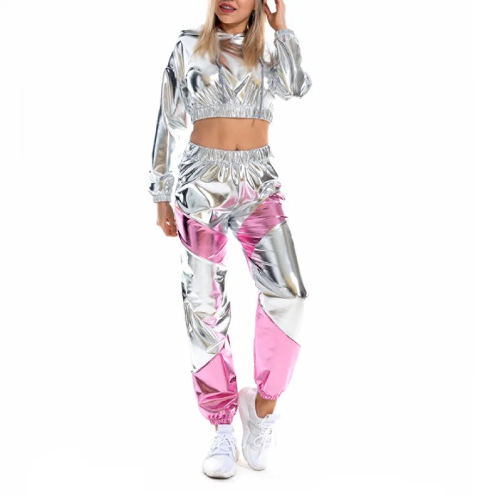 Shiny Crop Top Hoodie Metallic Casual trousers