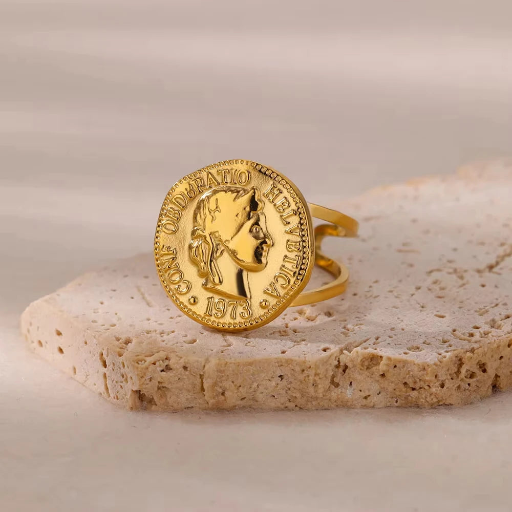 Vintage Ancient Greek Arethusa Goddess Coin Ring - gold plated