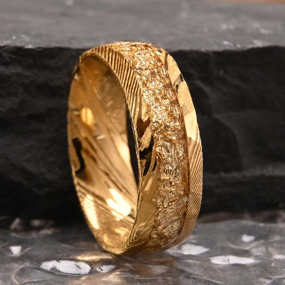 18K Gold Plated luxury Damascus steel inlaid with golden foil wedding ring