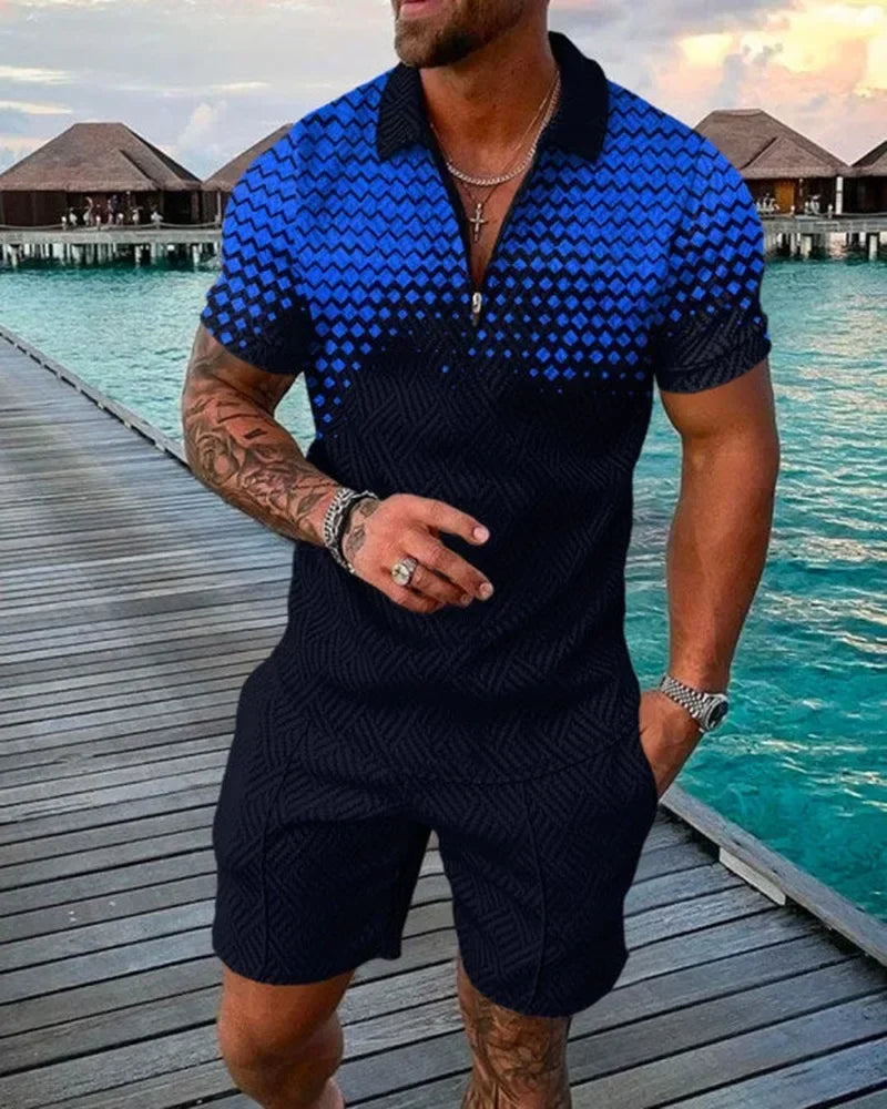 V-neck Zipper Short Sleeve POLO Shirt & Shorts