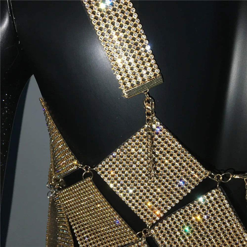 Shiny Crystal Rhinestone  Tank Tops Mini Skirt