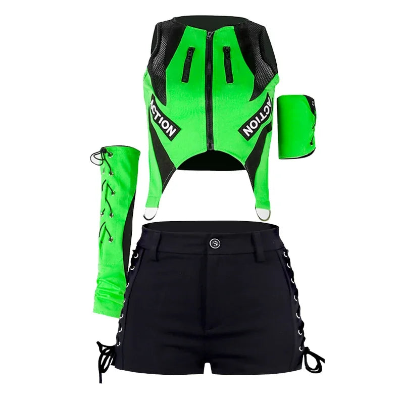Fluorescent Green/yellow Tops Black Shorts Outfits