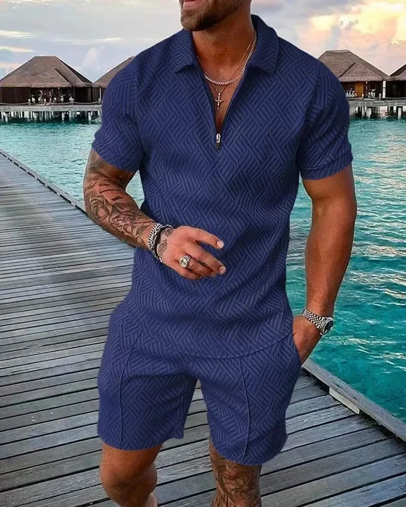 V-neck Zipper Short Sleeve POLO Shirt & Shorts