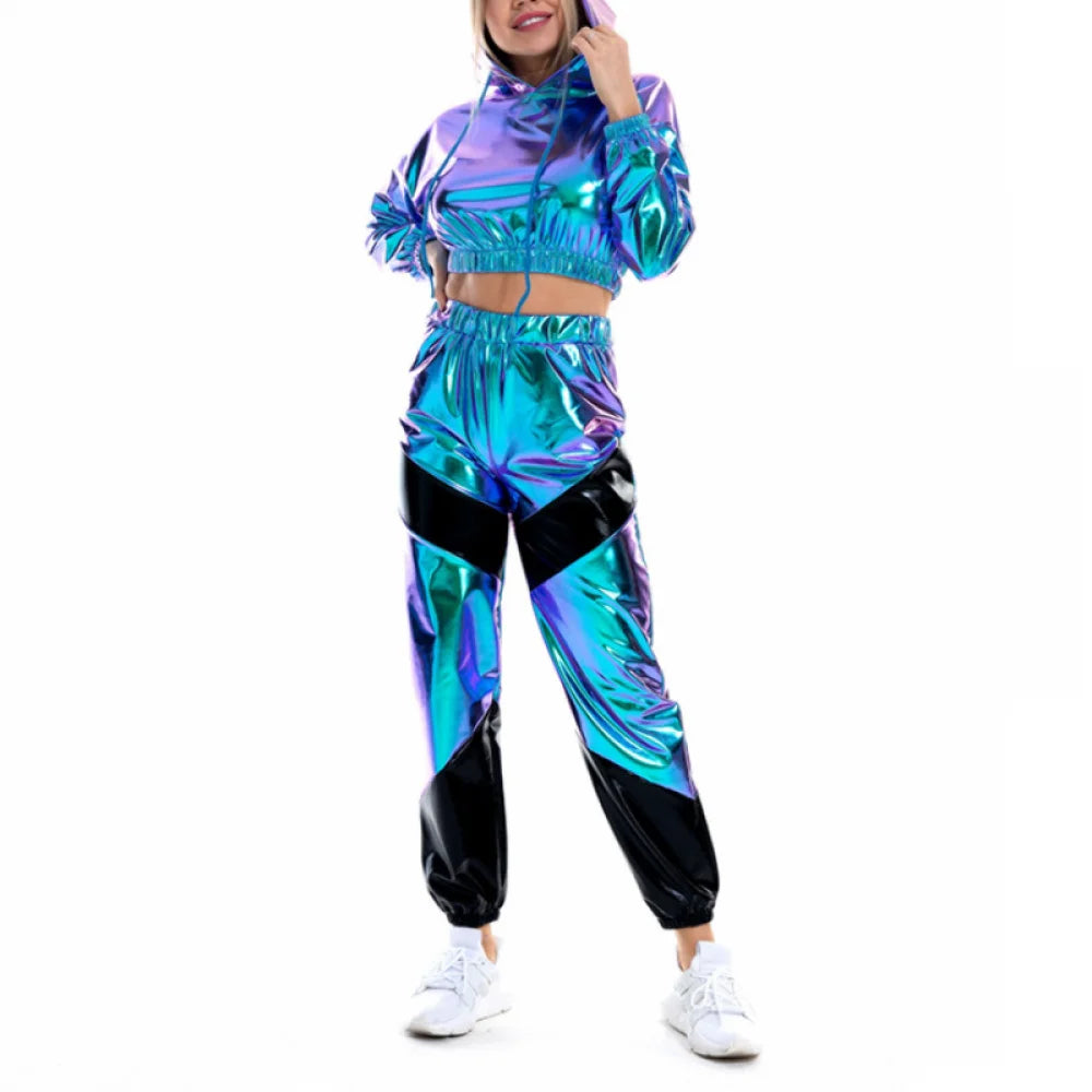Shiny Crop Top Hoodie Metallic Casual trousers