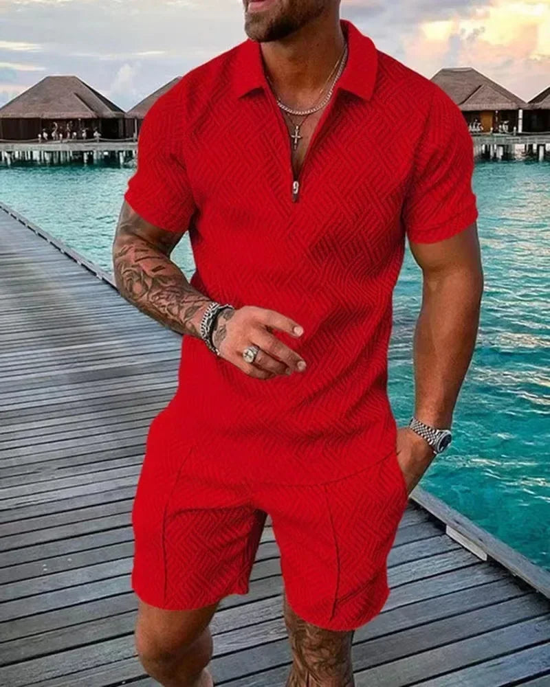 V-neck Zipper Short Sleeve POLO Shirt & Shorts