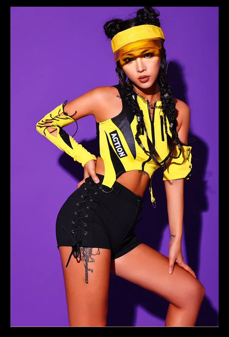 Fluorescent Green/yellow Tops Black Shorts Outfits