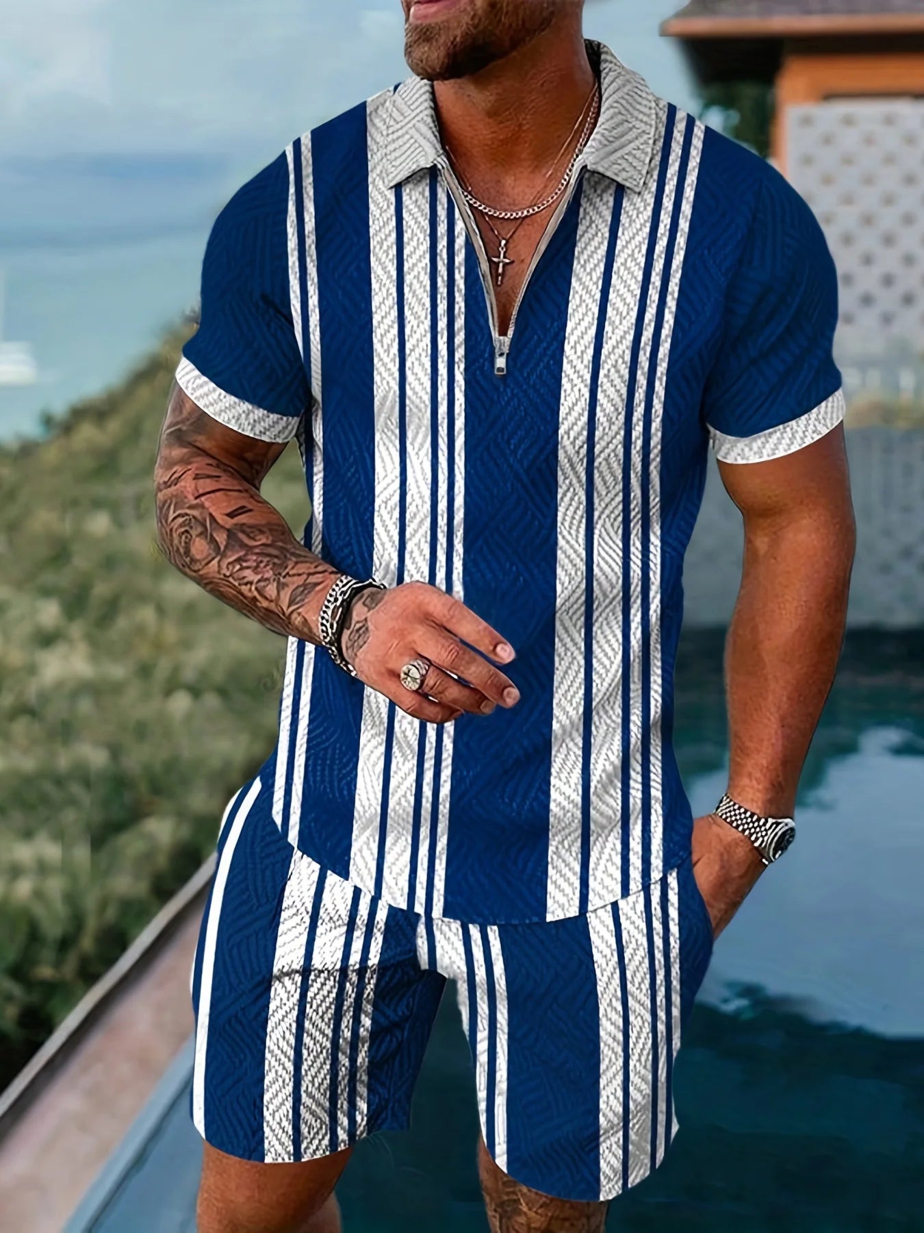 3D Printed Short Sleeve Zipper Polo Shirt Shorts