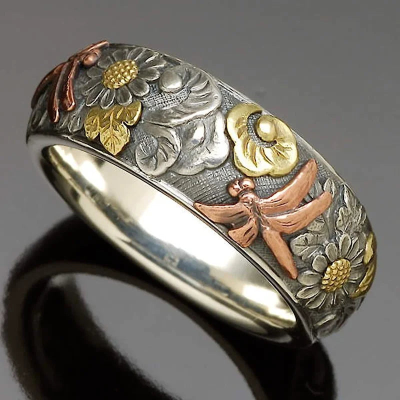 Vintage Silver and Rose Gold Color Carved Dragonfly Sunflower Ring