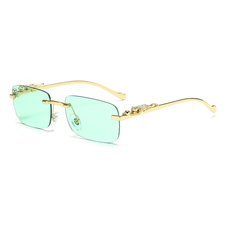 Rimless Rectangle Vintage Metal Leopard Head Sunglasses
