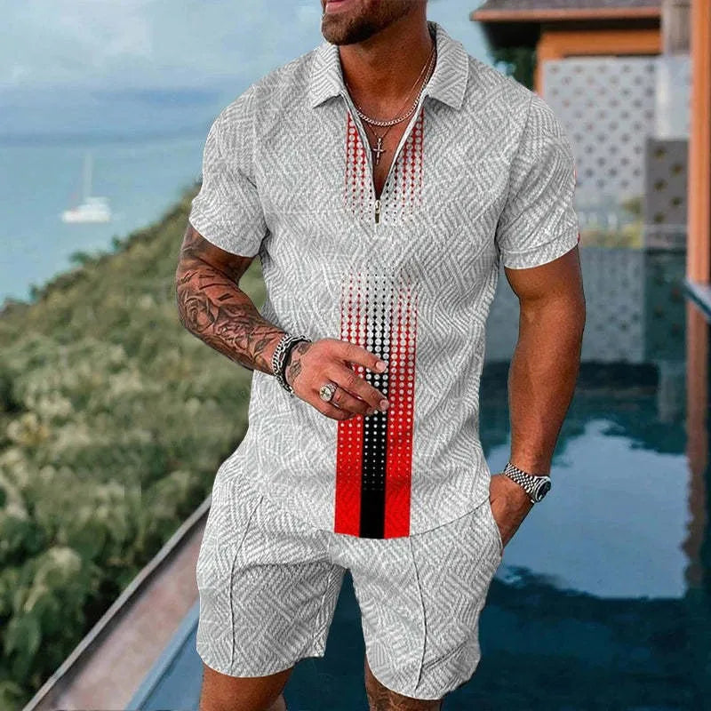 3D Printed Short Sleeve Zipper Polo Shirt Shorts