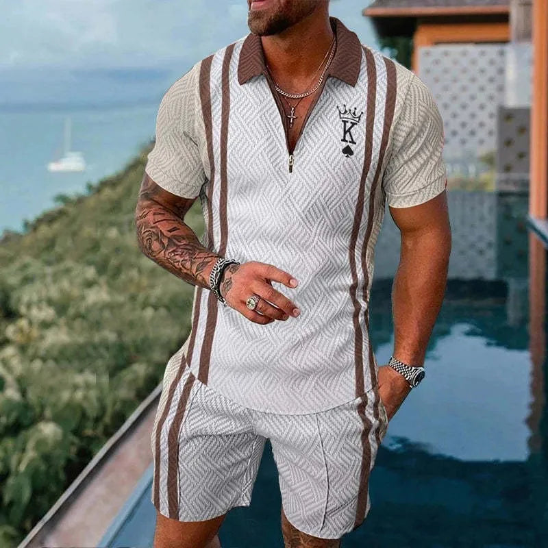 3D Printed Short Sleeve Zipper Polo Shirt Shorts