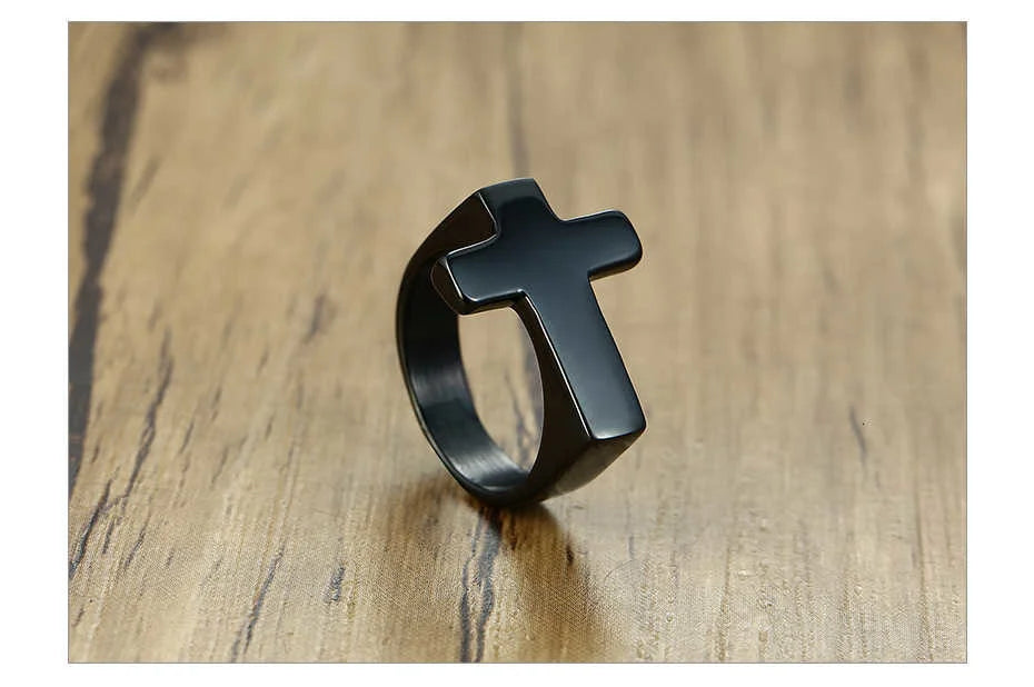 18k gold plated Cross & black/silver Flat Top Ring