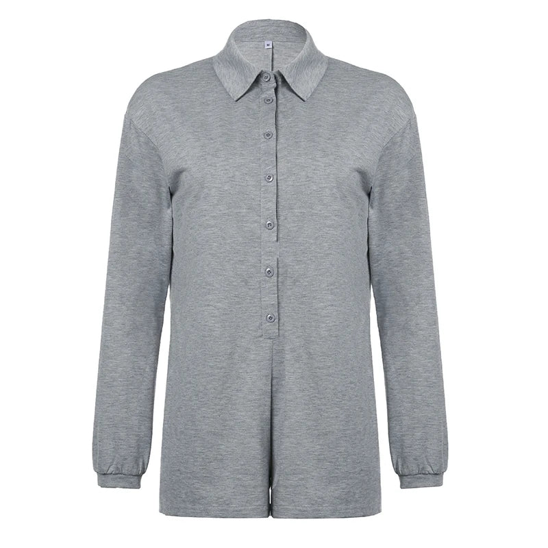 Grey Loose Rompers Fashion Button Up Full Sleeve suit