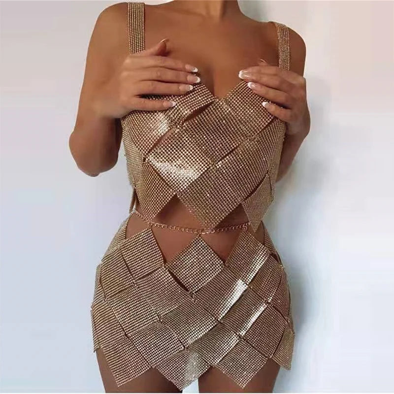 Shiny Crystal Rhinestone  Tank Tops Mini Skirt