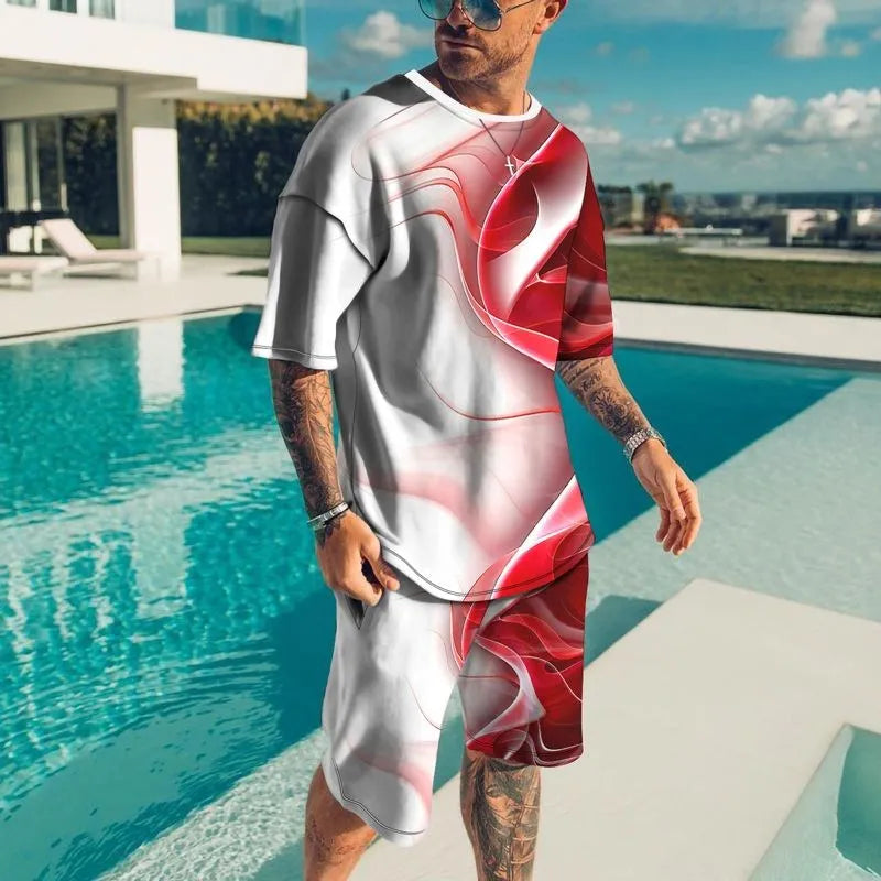 3D Short Sleeve Loose Casual Colorful Line Printing suit