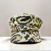 Leopard Print Sequin-Embellished Beret Hat