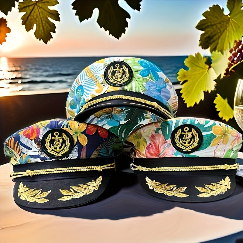 Three-Color Floral Print Polyester Captain's Hat with Embroidered Badge
