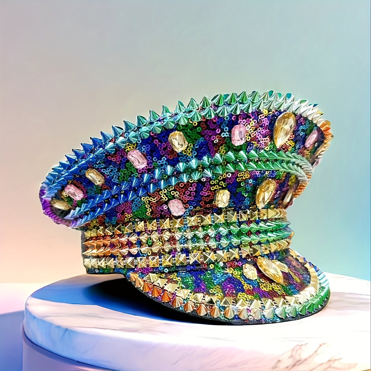 Vintage Steampunk Rainbow Rhinestone & Sequin Captain Hat
