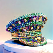 Vintage Steampunk Rainbow Rhinestone & Sequin Captain Hat