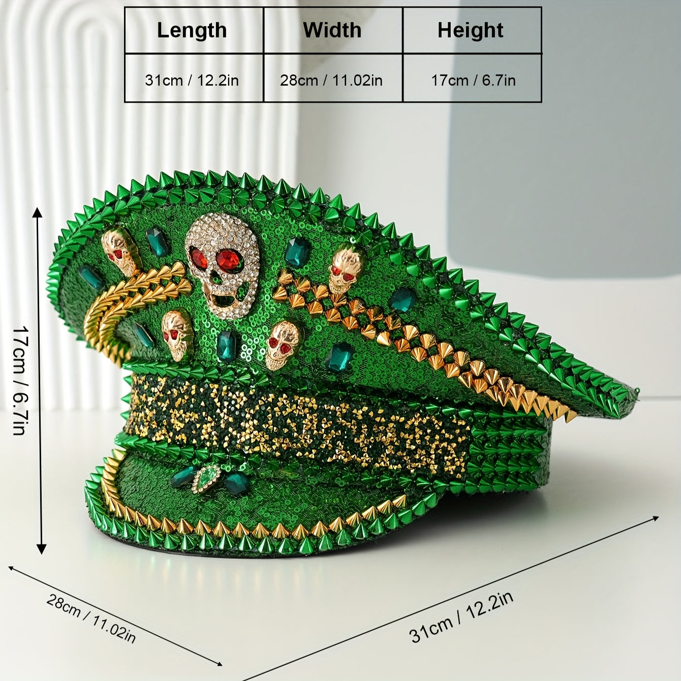Green Red Glitter Sequin Rivet  Skull Rhinestone Hat