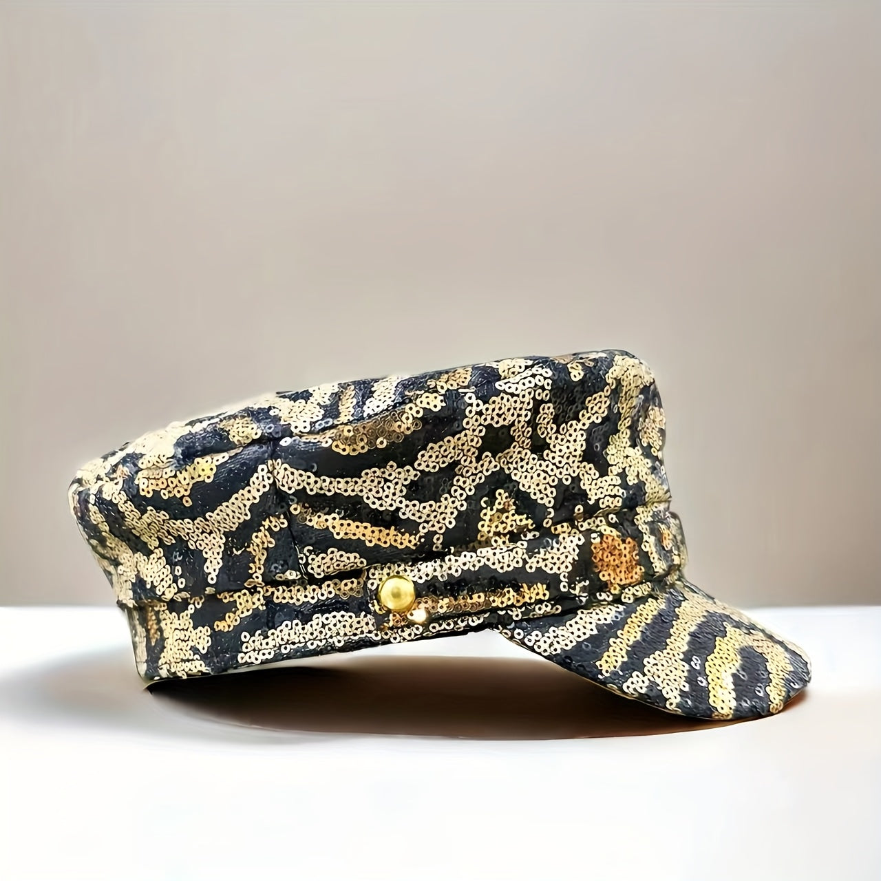 Leopard Print Sequin-Embellished Beret Hat