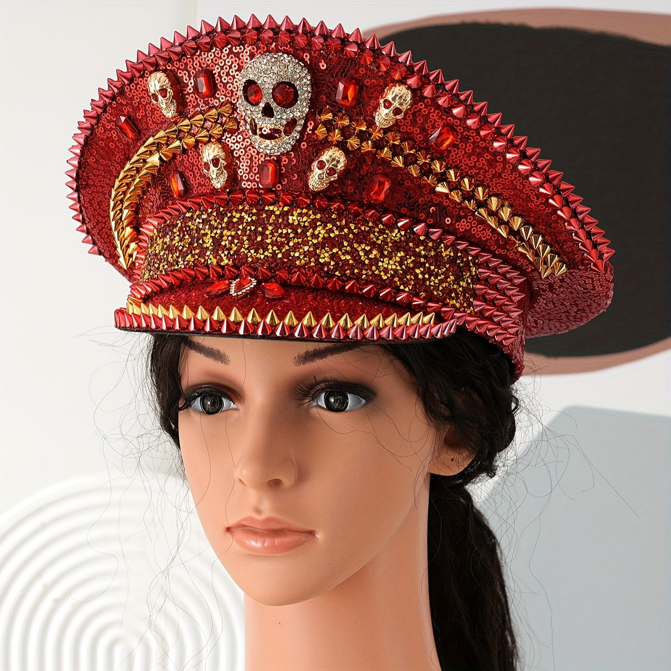 Green Red Glitter Sequin Rivet  Skull Rhinestone Hat
