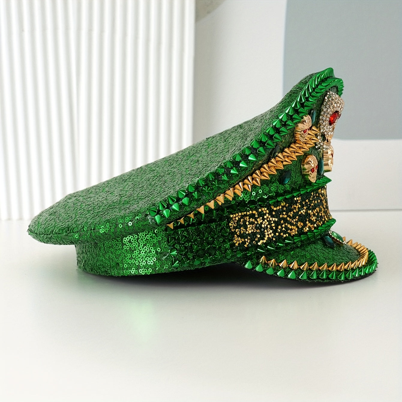 Green Red Glitter Sequin Rivet  Skull Rhinestone Hat
